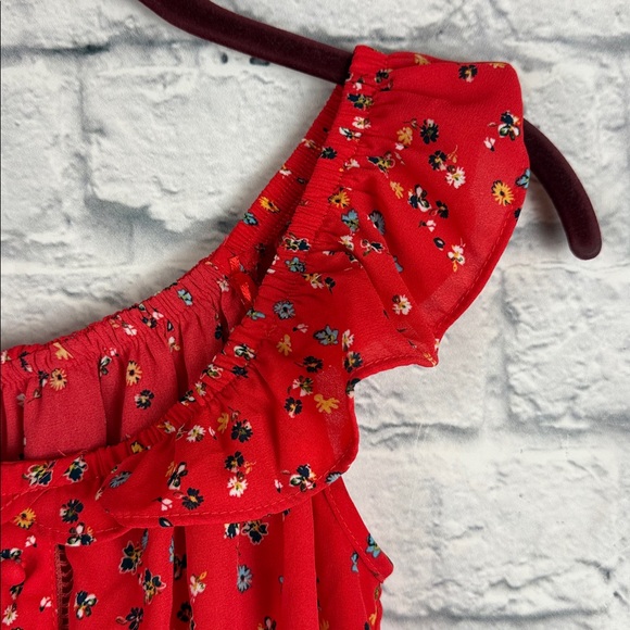 Sienna Sky Red Floral Elastic Ruched Waist Short Sleeve Blouse Top Sz XS - Picture 4 of 6